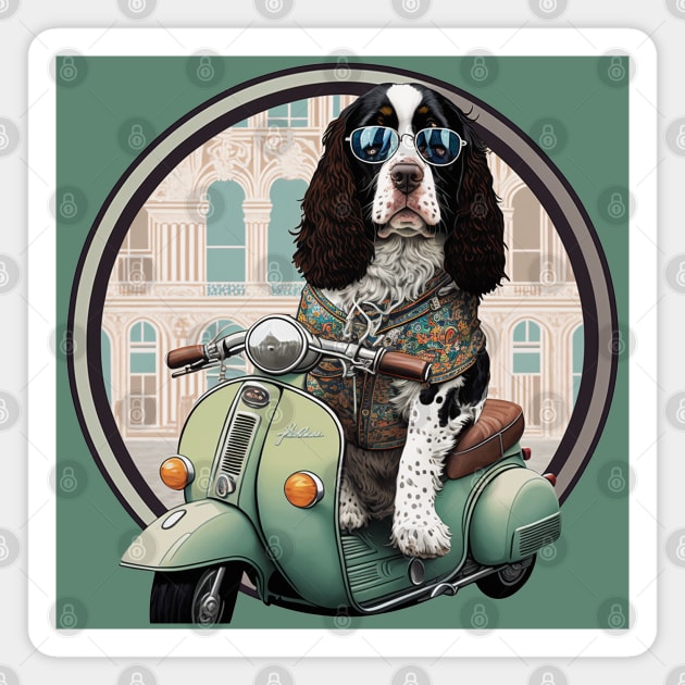 Super Cool English Springer Spaniel on a Vespa! Magnet by Bee's Pickled Art